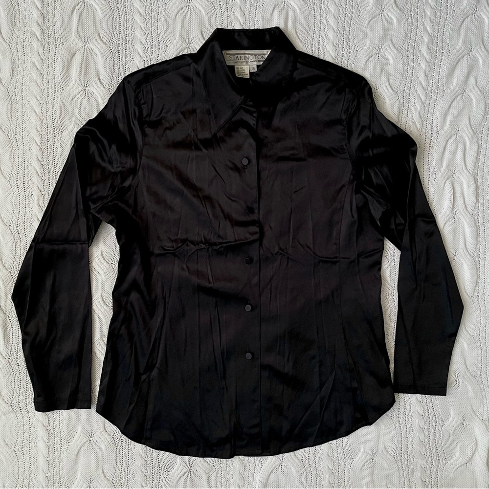 Starington Blouses by Charlotte Black Silk Button-Down Shirt Size 14 (10-12)